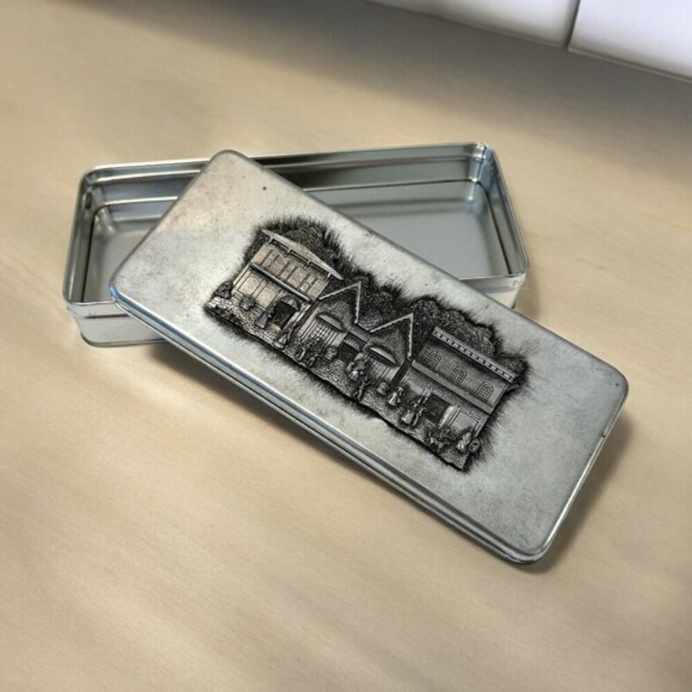 Rectangular Silver Tone Tin Box Container Pewter Village Houses Cover